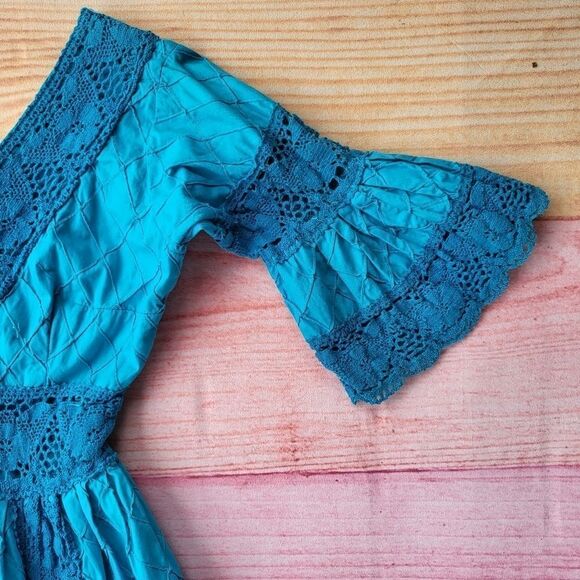 Vintage Turquoise Mexican Bell Sleeve Crochet Trim Maxi Boho Dress XS/S - Picture 5 of 7